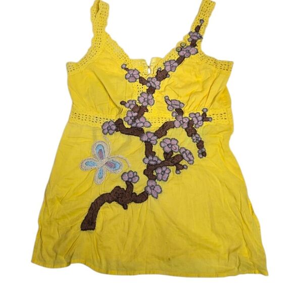 JOHNNY WAS Joystick yellow hand stitched embroidered butterfly floral tank top M - Picture 1 of 10